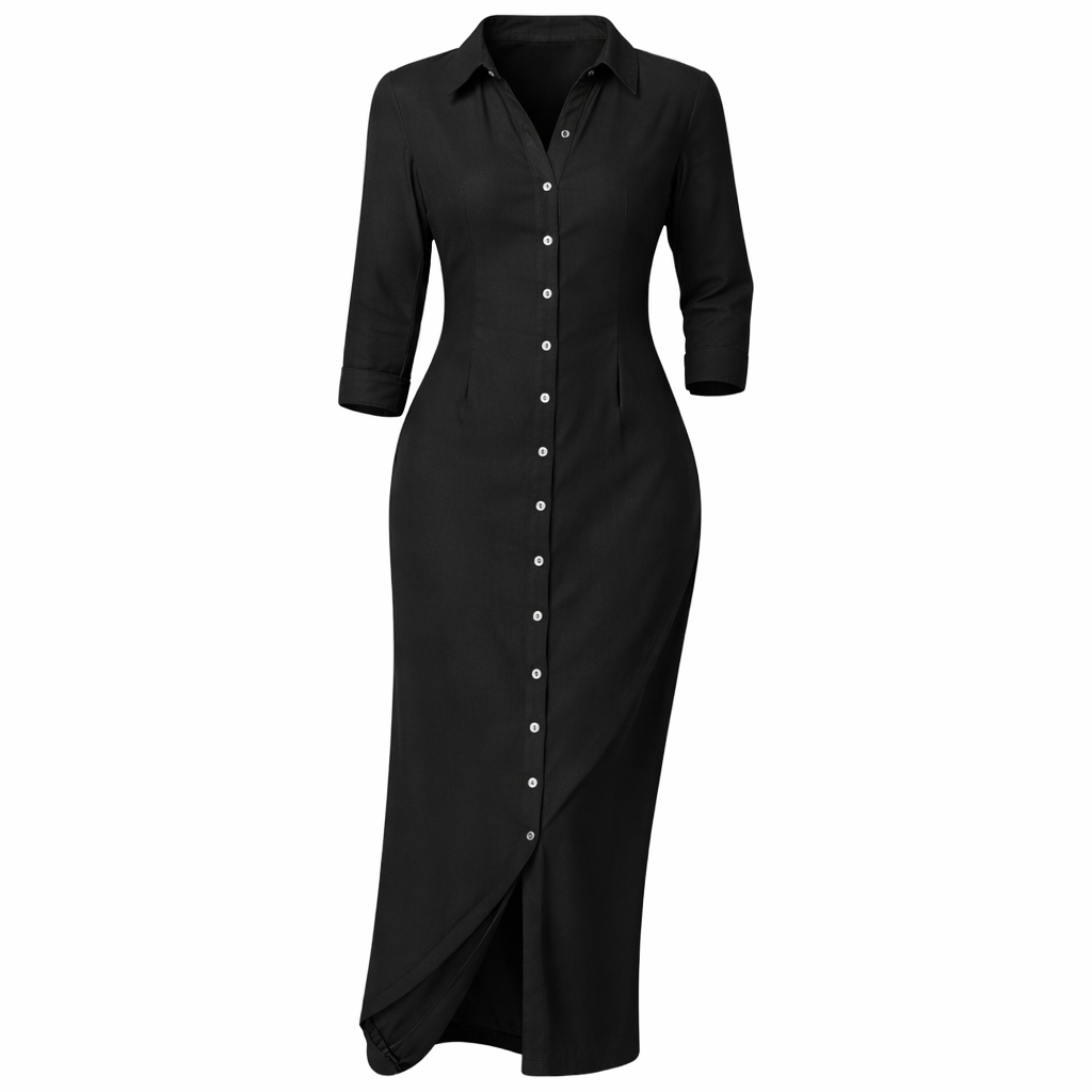 Sophie | Denim Maxi Jurk met Turn-Down Kraag en 3/4 Mouwen