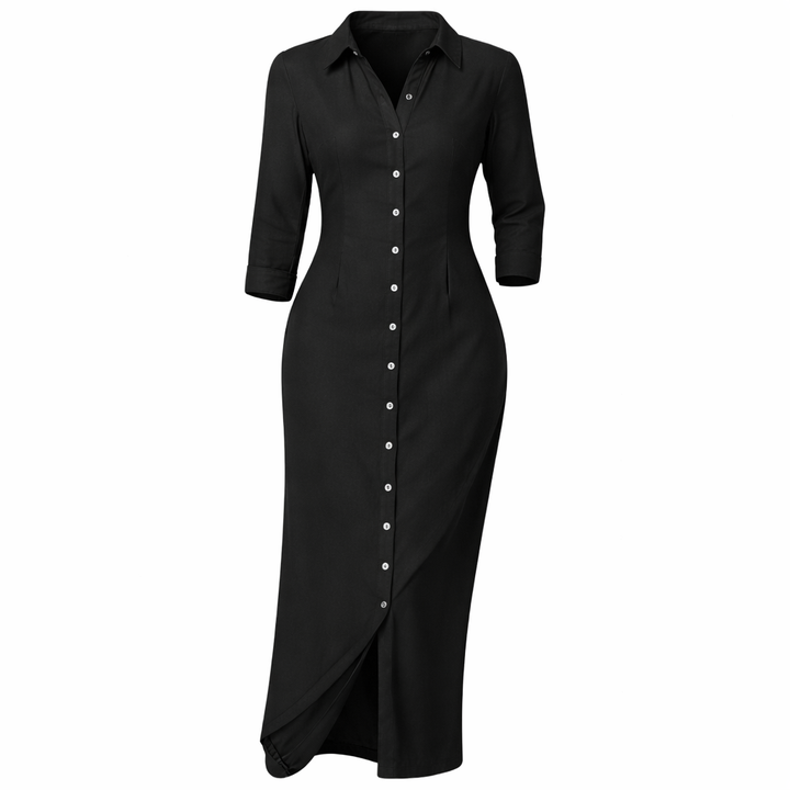 Sophie | Denim Maxi Jurk met Turn-Down Kraag en 3/4 Mouwen