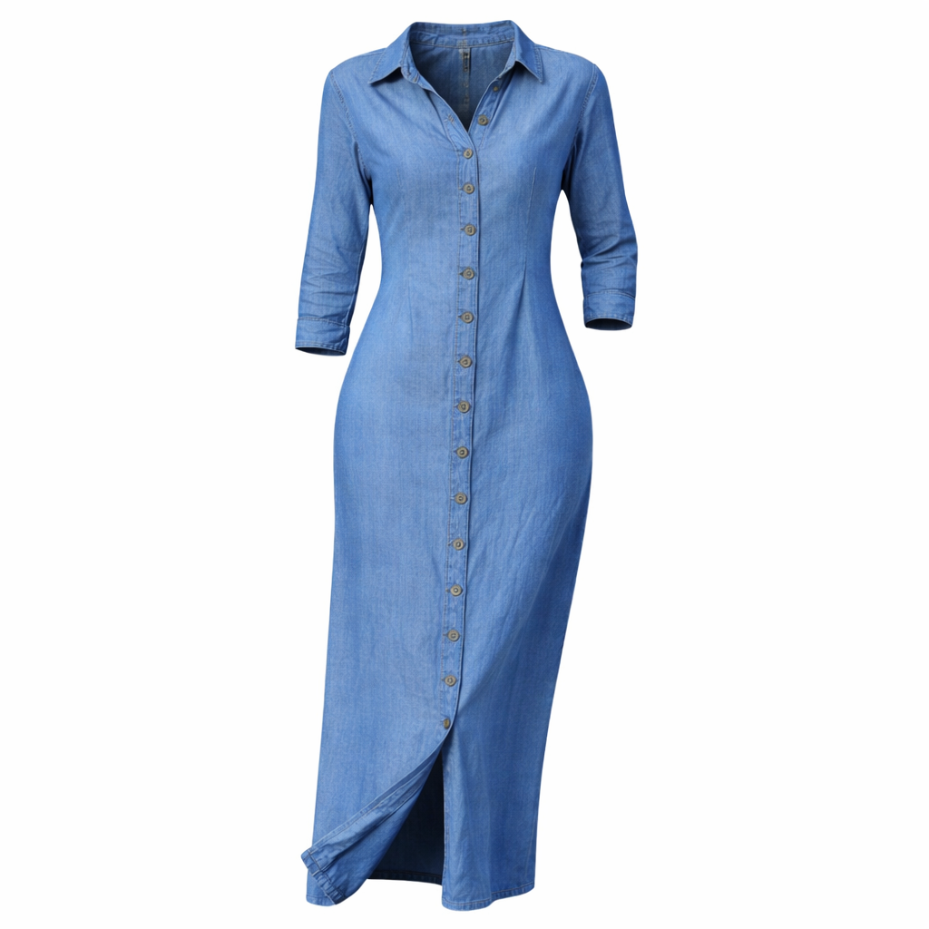 Sophie | Denim Maxi Jurk met Turn-Down Kraag en 3/4 Mouwen