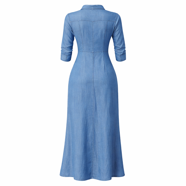Sophie | Denim Maxi Jurk met Turn-Down Kraag en 3/4 Mouwen