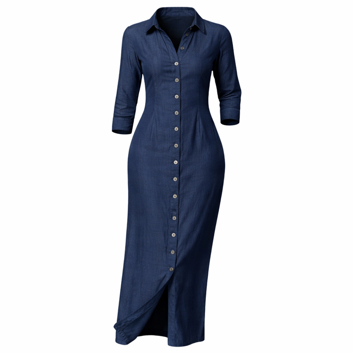 Sophie | Denim Maxi Jurk met Turn-Down Kraag en 3/4 Mouwen
