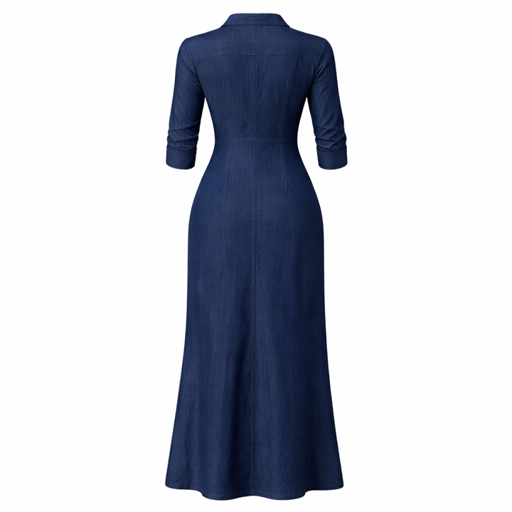 Sophie | Denim Maxi Jurk met Turn-Down Kraag en 3/4 Mouwen